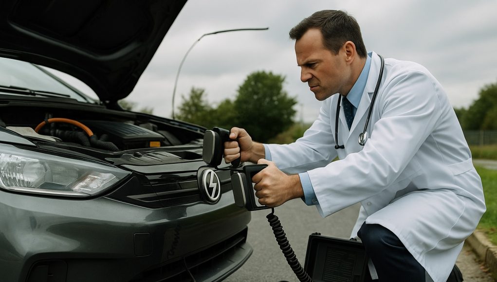 Doctor using electric paddles to revive a car — symbol of the company car’s electric comeback
