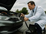 Doctor using electric paddles to revive a car — symbol of the company car’s electric comeback