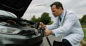 Doctor using electric paddles to revive a car — symbol of the company car’s electric comeback