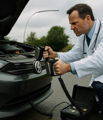 Doctor using electric paddles to revive a car — symbol of the company car’s electric comeback