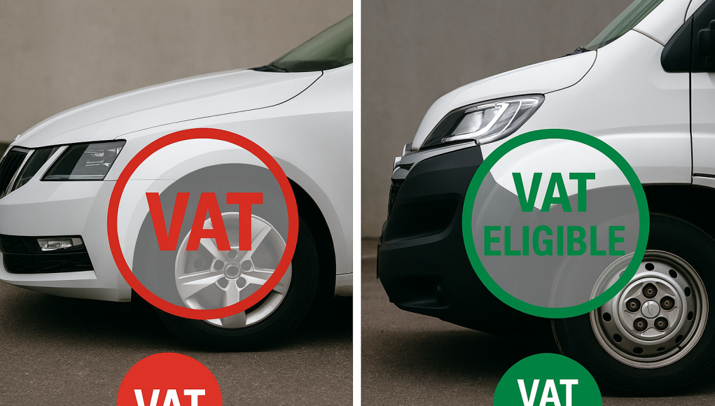 Split image showing a car labelled ‘VAT’ and a van labelled ‘VAT Eligible’, illustrating the difference in VAT reclaim rules for businesses.