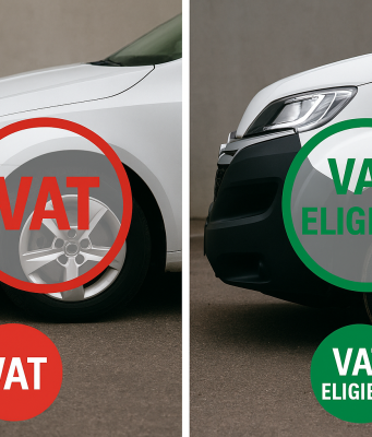 Split image showing a car labelled ‘VAT’ and a van labelled ‘VAT Eligible’, illustrating the difference in VAT reclaim rules for businesses.
